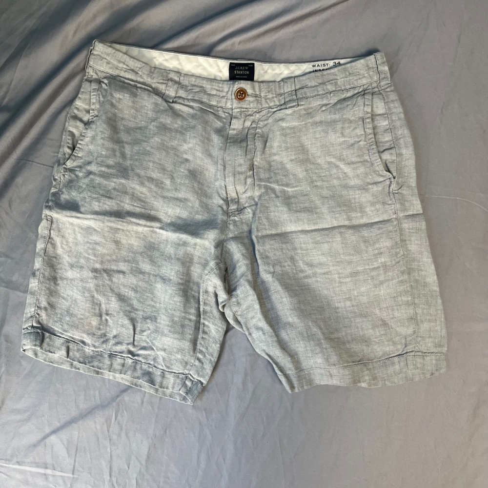 JCrew Stanton Linen Shorts Mens 34 Light Blue Grey 9 Inch Inseam 77388